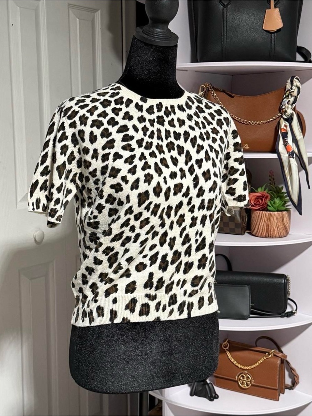 Carole Little Leopard Print Short Sleeve Top - White, Brown, Black